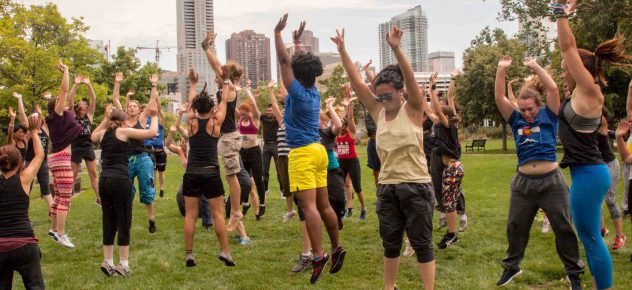 Colorado website square women parkour gathering jumping in the air